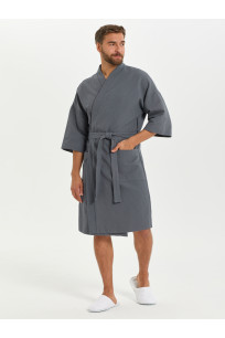 Вафельный халат Кимоно унисекс "Ромбы" темно-серый