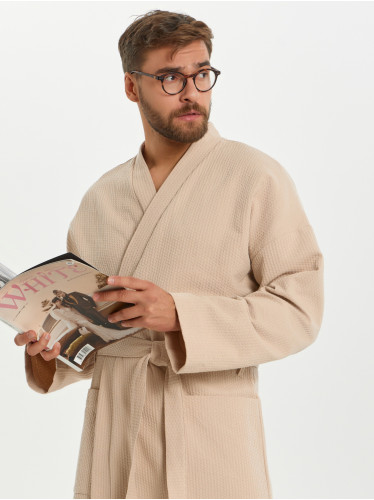 Вафельный удлиненный халат Кимоно унисекс "Ромбы" бежевый В-14 (31)