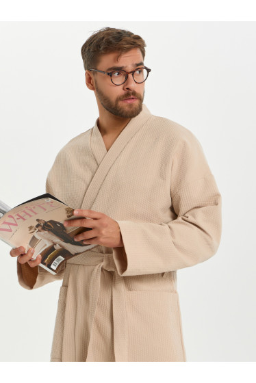Вафельный удлиненный халат Кимоно унисекс &quot;Ромбы&quot; бежевый