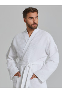 Вафельный удлиненный халат Кимоно унисекс "Ромбы" белый
