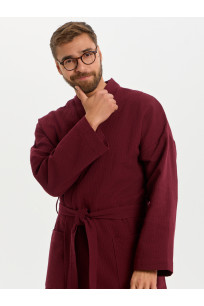 Вафельный удлиненный халат Кимоно унисекс "Ромбы" бордовый