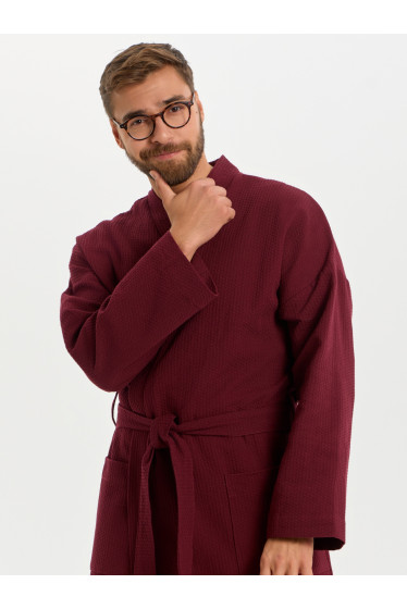 Вафельный удлиненный халат Кимоно унисекс &quot;Ромбы&quot; бордовый