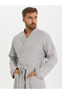 Вафельный удлиненный халат Кимоно унисекс "Ромбы" серый
