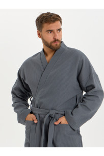 Вафельный удлиненный халат Кимоно унисекс "Ромбы" темно-серый