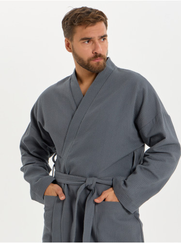 Вафельный удлиненный халат Кимоно унисекс "Ромбы" темно-серый В-14 (32)