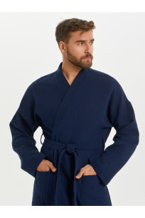 Вафельный удлиненный халат Кимоно унисекс "Ромбы" темно-синий