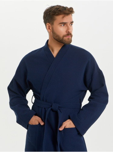 Вафельный удлиненный халат Кимоно унисекс "Ромбы" темно-синий В-14 (28)