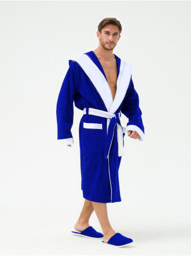 Мужской махровый халат с капюшоном с белой отделкой синий+белый МЗ-05-1 (89)