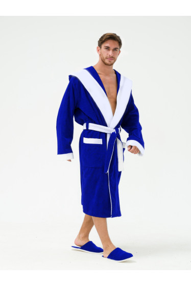 Мужской махровый халат с капюшоном с белой отделкой синий+белый