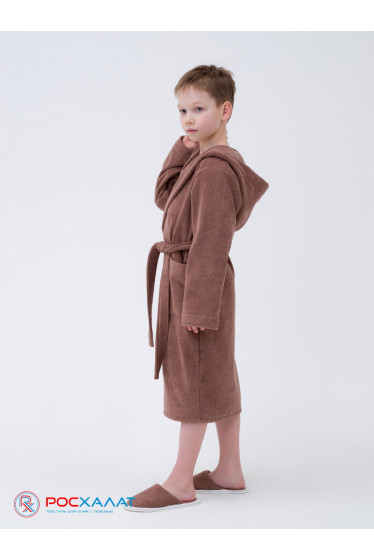 Детский махровый халат с капюшоном коричневый