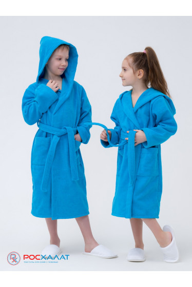 Детский махровый халат с капюшоном бирюзовый