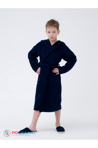 Детский махровый халат с капюшоном темно-синий