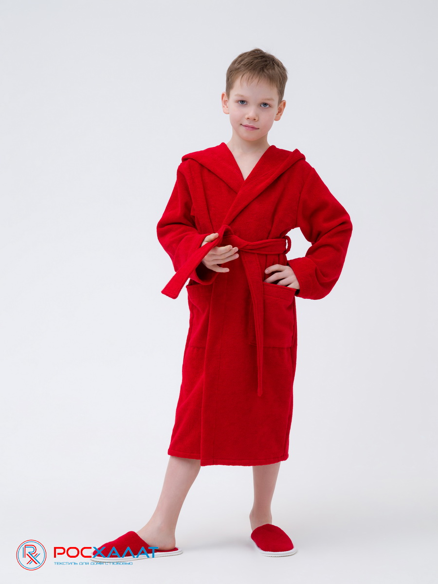 Купить детский махровый халат с капюшоном оптом и в розницу, цвет красный,  арт. МЗ-04 (67), доставка по всей России