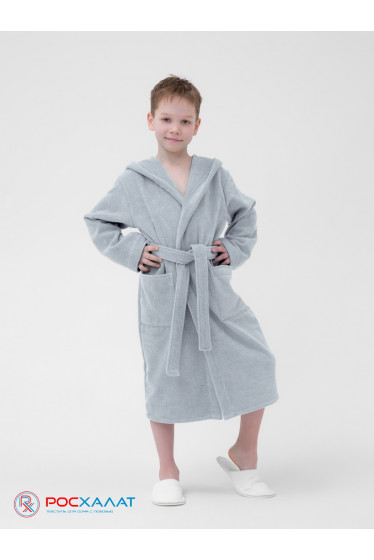 Детский махровый халат с капюшоном серебристый