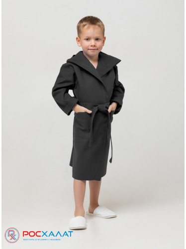 Детский вафельный халат с капюшоном черный В-07 (27)