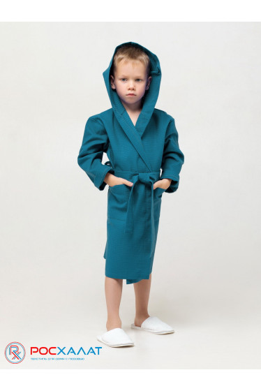 Детский вафельный халат с капюшоном темно-бирюзовый