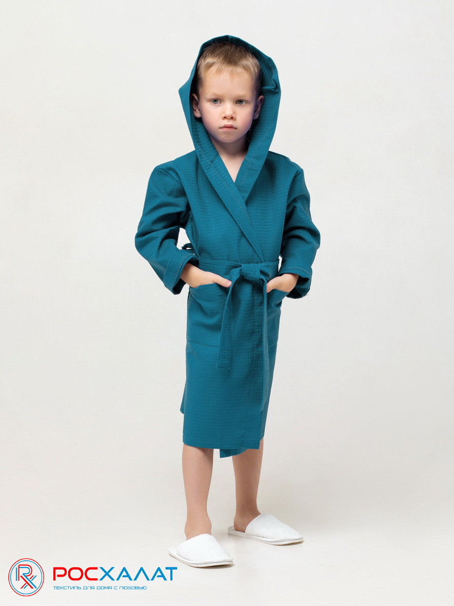 Купить детский вафельный халат с капюшоном оптом и в розницу, цвет  темно-бирюзовый, арт. В-07 (23), доставка по всей России