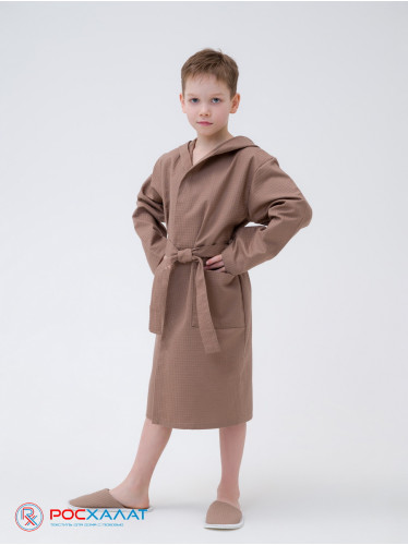 Детский вафельный халат с капюшоном коричневый В-07 (21)