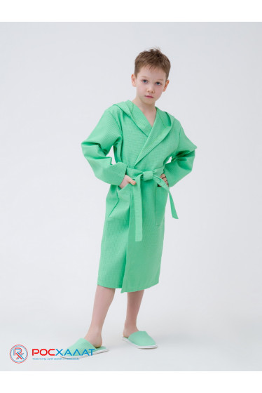 Детский вафельный халат с капюшоном зеленый