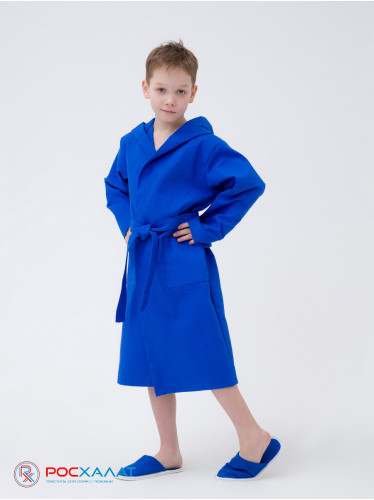 Детский вафельный халат с капюшоном синий В-07 (16)