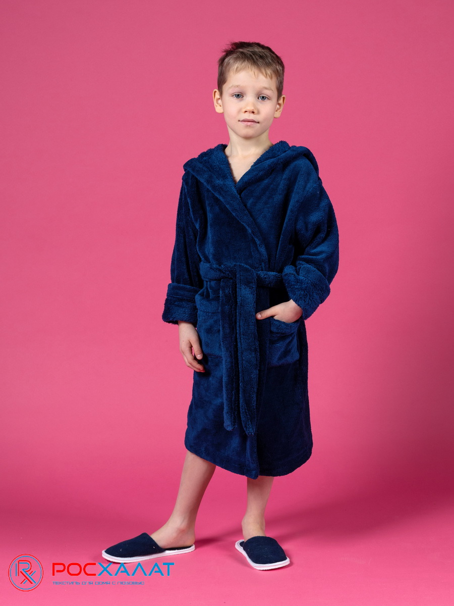 Купить детский халат с капюшоном из велсофта оптом и в розницу, цвет  темно-синий, арт. ВЗ-03 (14), доставка по всей России