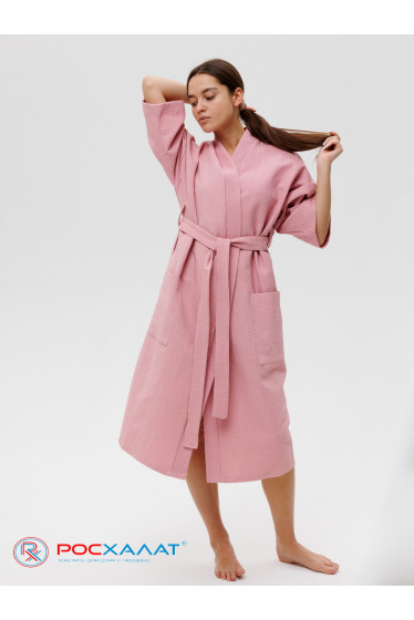 Вафельный халат Кимоно унисекс "Ромбы" пудрово-розовый