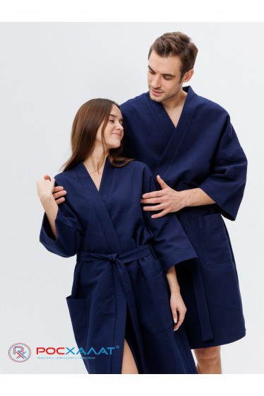 Вафельный халат Кимоно унисекс "Ромбы" темно-синий