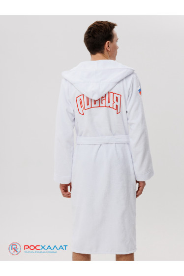 Мужской махровый халат с капюшоном белый вышивка "Россия"