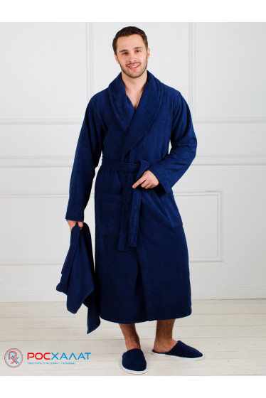 Мужской махровый халат с шалькой темно-синий