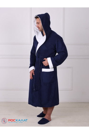 Мужской махровый халат с капюшоном с белой отделкой темно-синий+белый