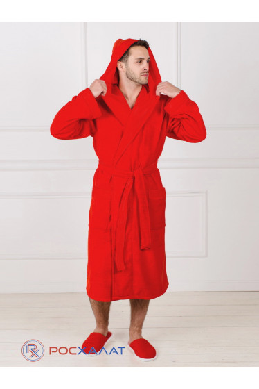 Мужской махровый халат с капюшоном красный 