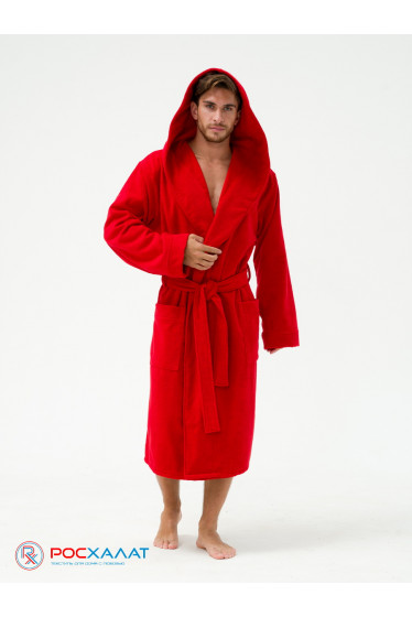 Мужской махровый халат с капюшоном красный 