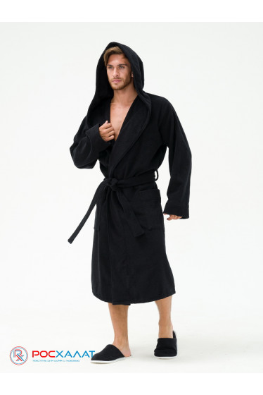 Мужской махровый халат с капюшоном черный