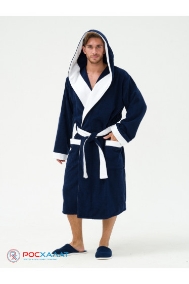 Мужской махровый халат с капюшоном с белой отделкой темно-синий+белый