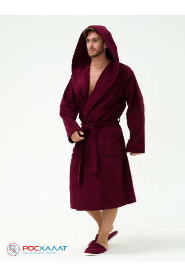 Мужской махровый халат с капюшоном темно-бордовый