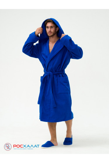 Мужской махровый халат с капюшоном синий