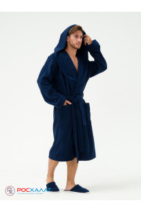 Мужской махровый халат с капюшоном темно-синий