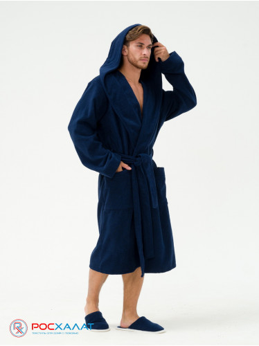 Мужской махровый халат с капюшоном темно-синий МЗ-05 (88)