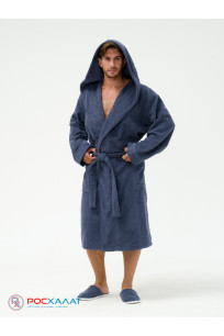 Мужской махровый халат с капюшоном серый