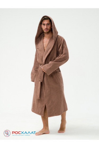 Мужской махровый халат с капюшоном коричневый
