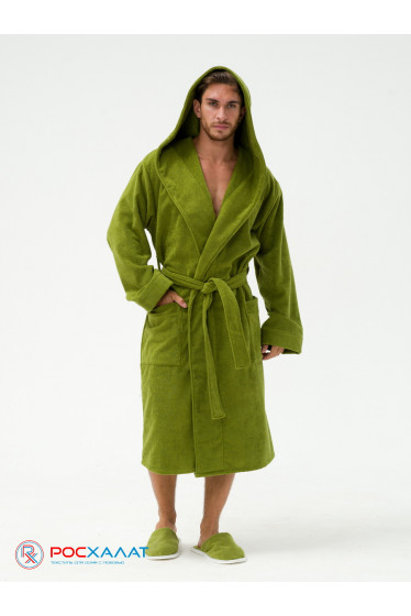 Мужской махровый халат с капюшоном хаки