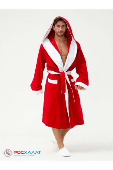 Мужской махровый халат с капюшоном красный