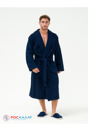 Жаккардовый мужской махровый халат с шалькой темно-синий