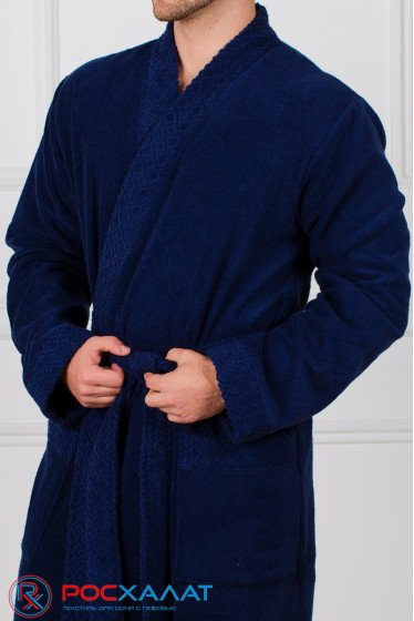 Мужской махровый халат с жаккардовой отделкой, воротник планка темно-синий