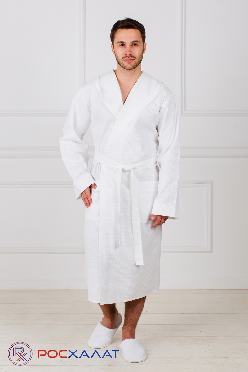 Купить мужской вафельный халат с капюшоном оптом и в розницу, цвет белый,  арт. В-06 (9), доставка по всей России