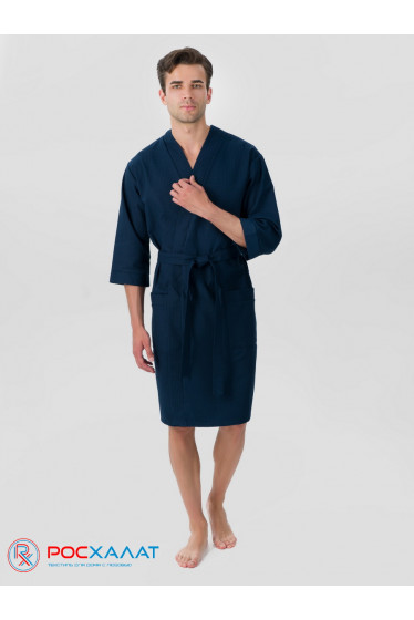Мужской укороченный вафельный халат с планкой темно-синий