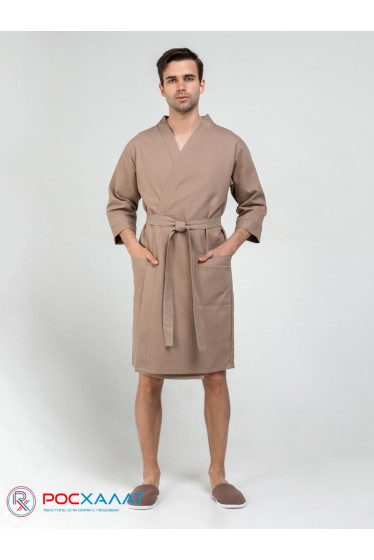Мужской укороченный вафельный халат с планкой коричневый