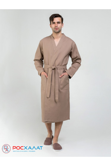 Мужской вафельный халат с планкой коричневый