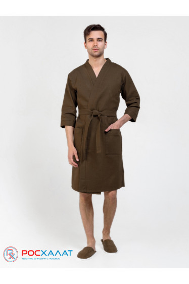 Мужской укороченный вафельный халат с планкой темно-коричневый