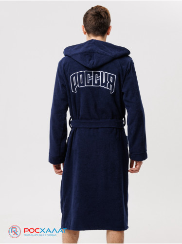 Мужской махровый халат с капюшоном темно-синий вышивка "Россия" МЗ-105 (88)